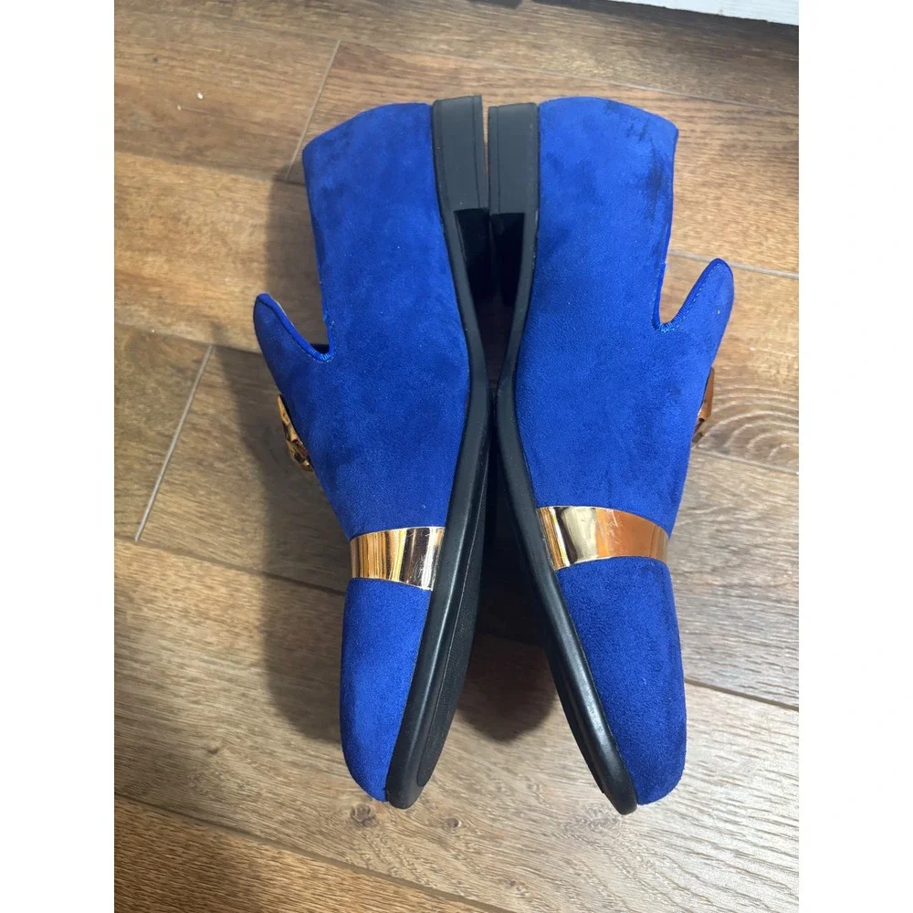 Amali Mens Royal Blue Suede‎ Loafer Shoes Gold Lion Head Buckle Dress Size 12